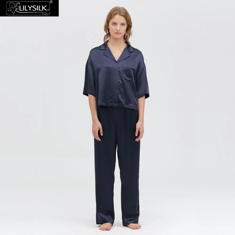 Navy Blue LilySilk шелковые пижамы комплект пуловер с коротким рукавом Новые женские - Цвет: Navy Blue