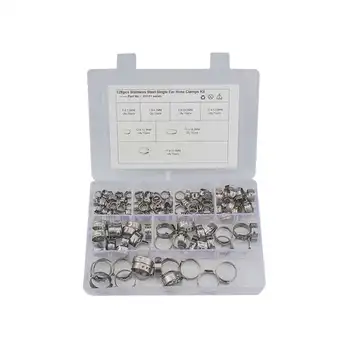 

128pcs Connection Hoop Stainless Steel Single Ear Stepless Clamp Assortment Kit Crimp Pinch Rings For Securing Pipe Hose