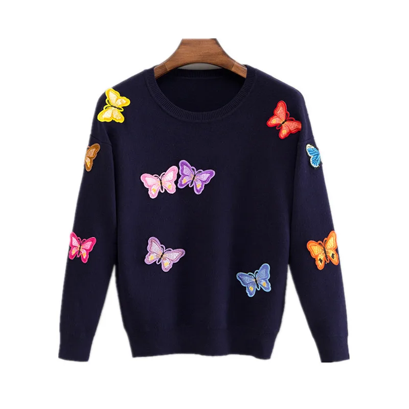 

Korean Women Knitted Embroidered Pullover Sweater Women's Butterfly Flower Sweater Femme Tricot Pull Autumn sweater fem