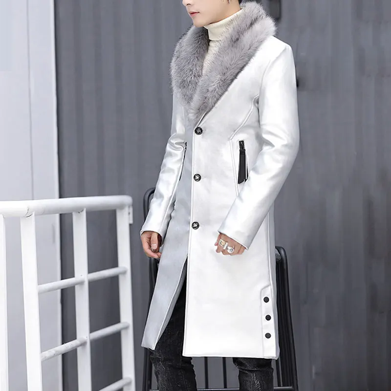 Новинка, зимний блейзер с меховым воротником, длинное Мужское пальто с мехом, мужская деловая Повседневная кожаная куртка, флисовое теплое толстое пальто XXXL - Цвет: Silver
