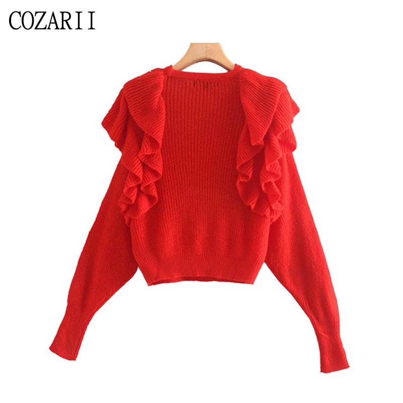 

Vintage Sweet Ruffles Short Style Knitted Sweater Women 2019 Fashion O Neck Long Sleeve Stretchy Stylish Pullovers Chic Tops