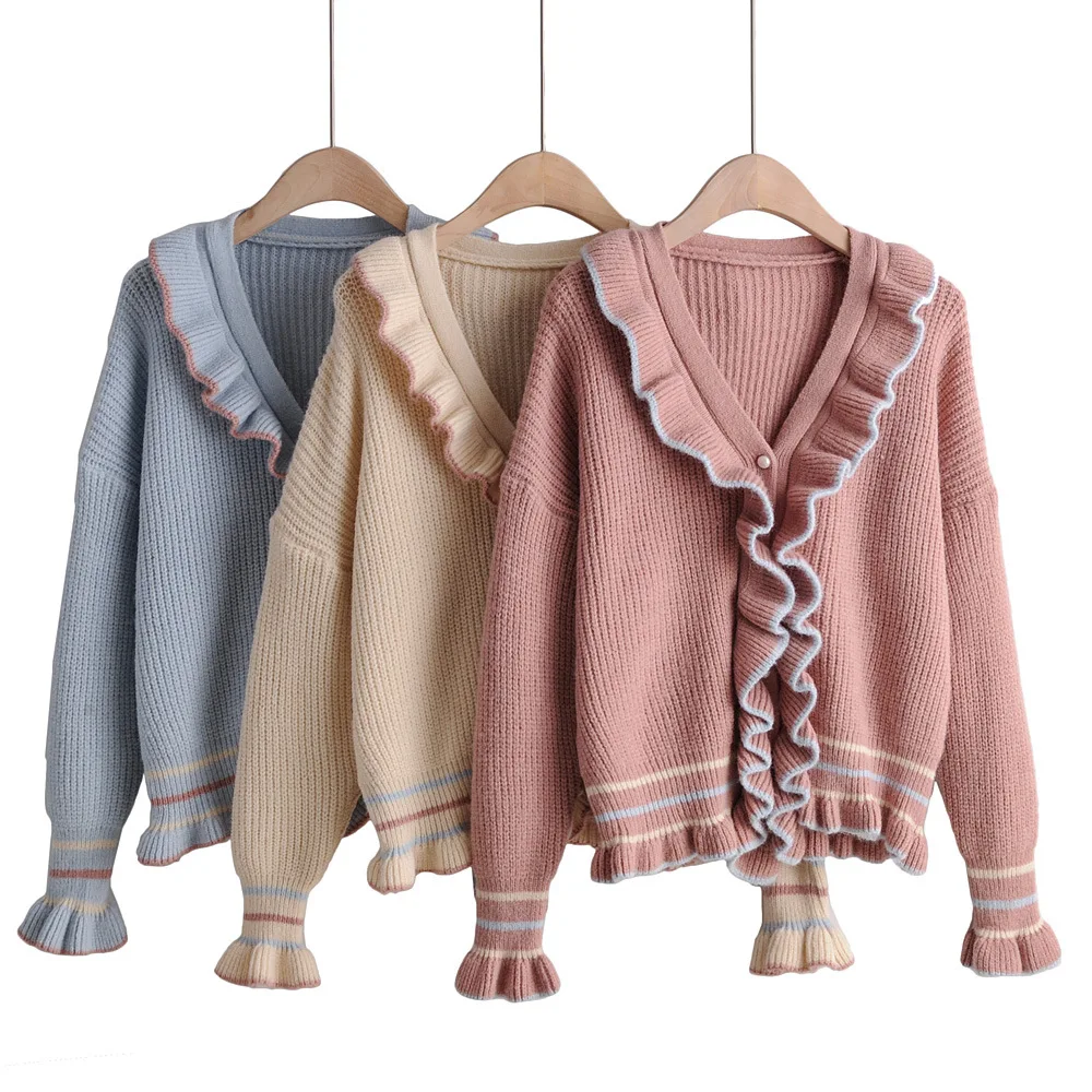 

Women Clothes 2019 Autumn and Winter Clothes Women V-neck Contrast Color Ruffle Cardigan Women Sweater Women Casaco Feminino