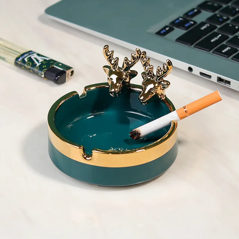 Round Gold-plated Deer Ashtray Cute Animal Ceramic Ashtray Office Living Room Decoration Desktop Storage Box Gift Art Decoration ceramic ashtray