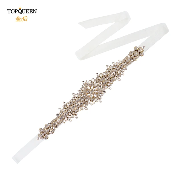 TOPQUEEN S319-G Plus Size Bridal Gowns Belts Golden Belts for Women Rhinestones Belt Girlfriend Luxury Ribbon Belt Wedding Sash Organza Ivory