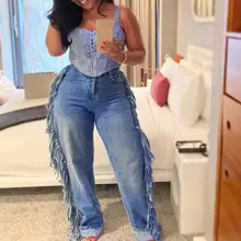 Винтажная Мода, женские длинные джинсы, повседневные Прямые джинсовые штаны с кисточками, уличная одежда, свободные осенние брюки с высокой талией