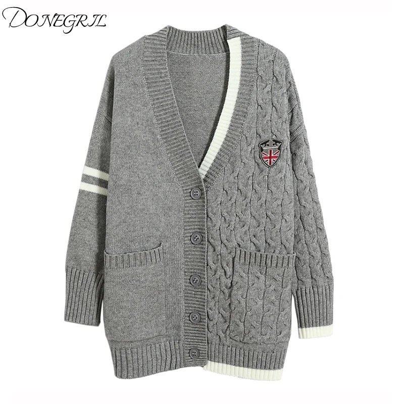 ^Cheap sweet College Style Spring Autumn Sweater Women Wool V-neck Loose Gray Single-breasted Female Cardigan Medium Long Coat