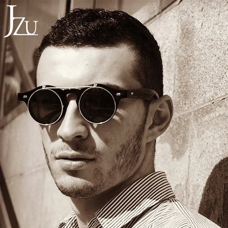 

JZU Vintage SteamPunk sunglasses men women Flip Up Fashion Classic Double Layer Clamshell Round Design SunGlasses Oculos De Sol