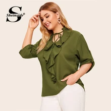 Sheinside Плюс Размер Повседневная армейская зеленая Кружевная блуза с v-образным вырезом Женская Осенняя блузка с закатанными рукавами женская блузка с оборками
