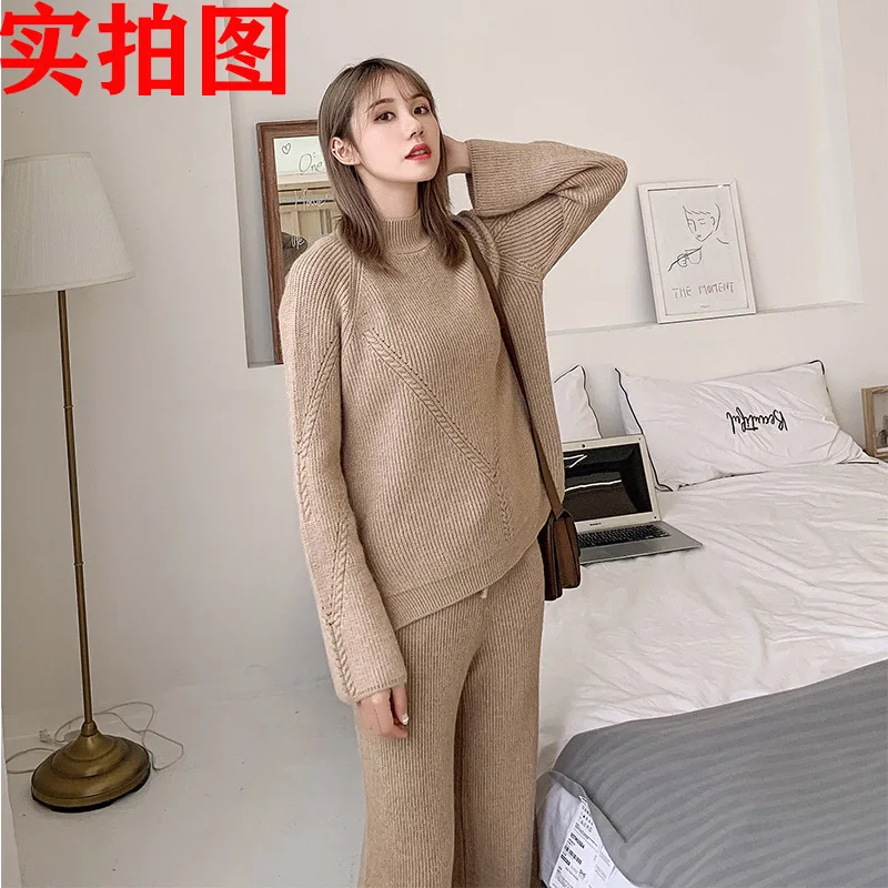 Knitted Women 2 Pieces Pant Sets Autumn Winter New Thicken Solid Warm Sweater and Wide Leg Pant Suits