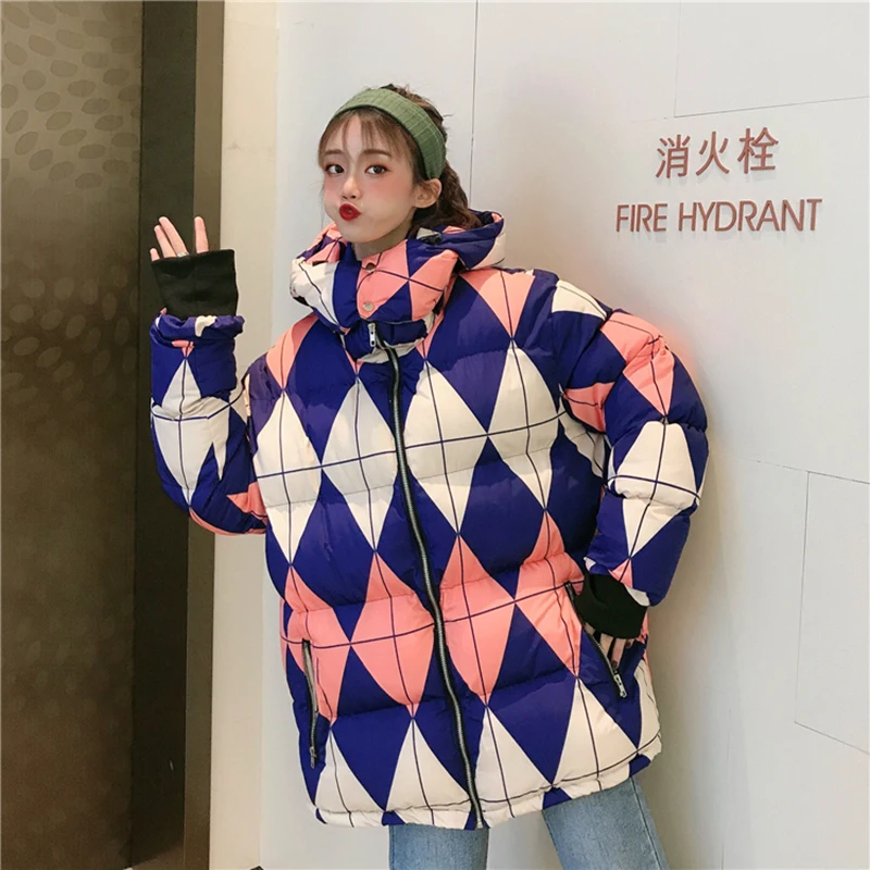 blue white Новинка Харадзюку уличная клетчатая куртка размера плюс для женщин теплое хлопковое зимнее пальто женские толстые парки с капюшоном свободная мягкая короткая куртка - Цвет: blue white