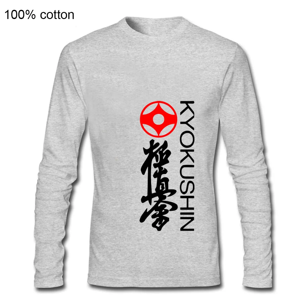 Модная свободная черная футболка с длинным рукавом, мужские футболки Kyokushin, каратэ, масутатсу, Ояма, каратэ, японская Футболка с принтом, длинная Мужская футболка - Цвет: Серый