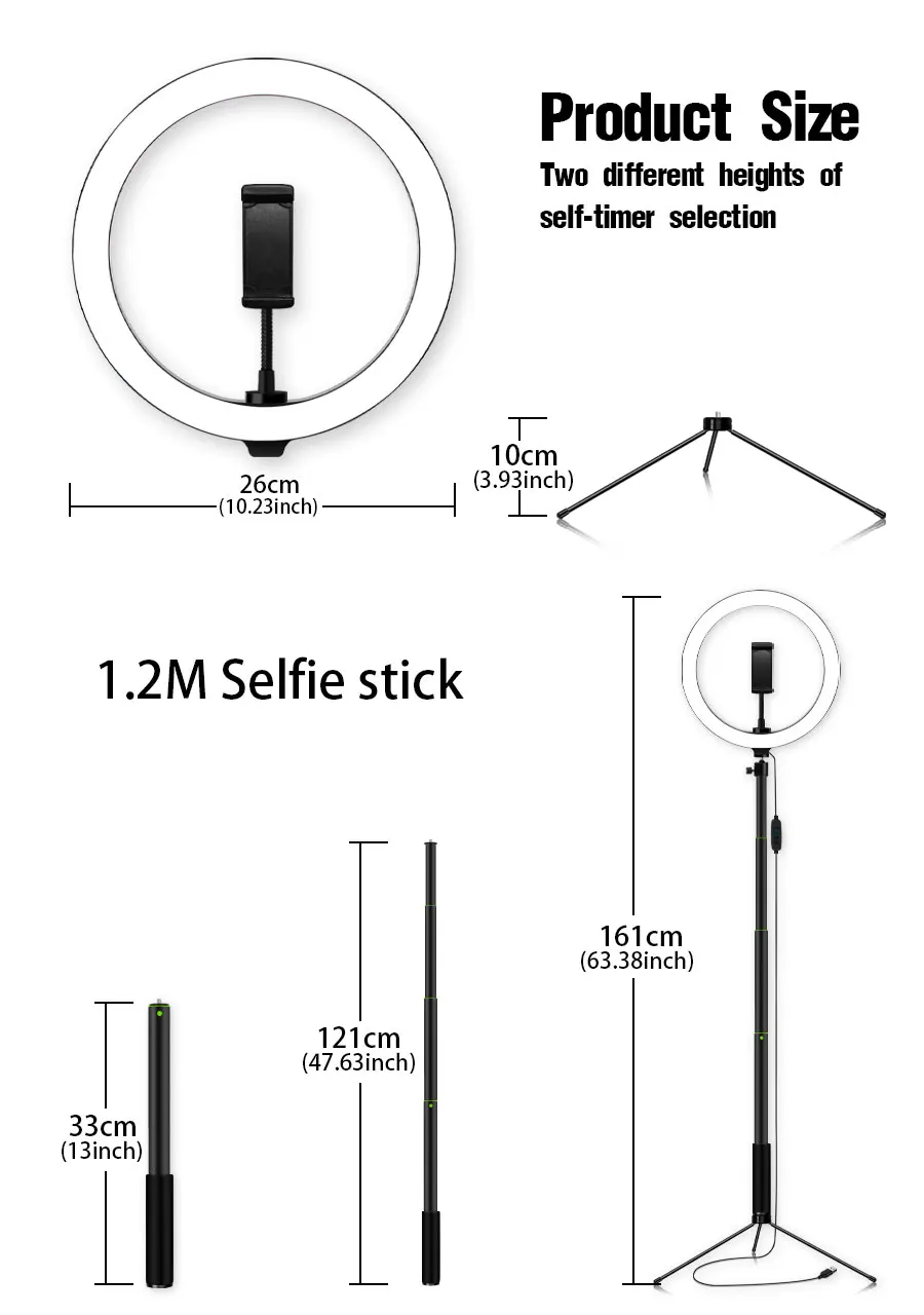 Портативный светодиодный кольцевой светильник 1" с селфи палкой штатив подставка и держатель для телефона для потоковой передачи, YouTube видео, затемняемый Настольный макияж кольцо свет для камеры фотографии, съемка с 3 режимами света и уровень яркости 10