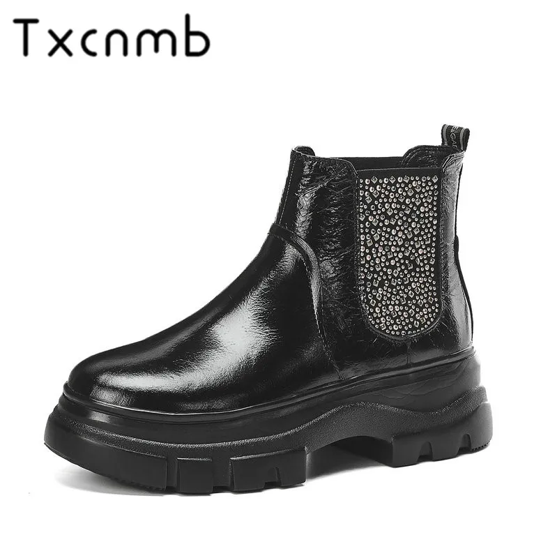 

TXCNMB 2019 Boots Women Ankle Boots Round Toe Genuine Leather Autumn Winter Platforms High Heel Casual High Quality Shoes Woman