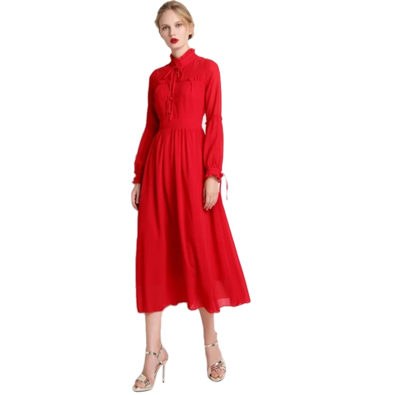 

New 2019 Elegant Summer Dress Women High Quality Home Casual dress Red Chiffon Long Sleeves Dresses Office Lady Wear