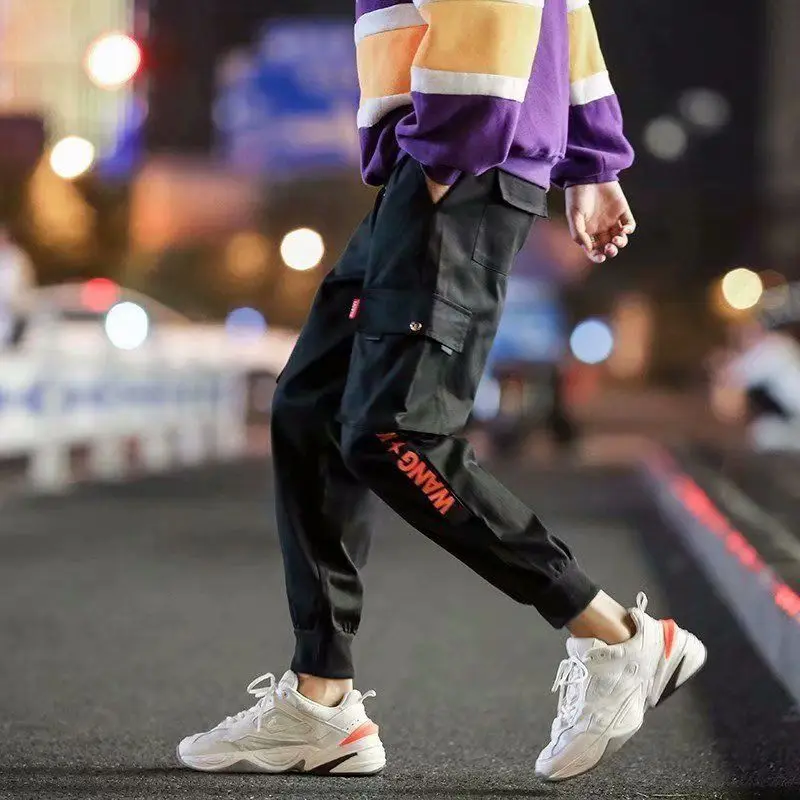 5XL Мужские Винтажные брюки карго мужские хип-хоп черные джоггеры с карманами мужские корейские модные спортивные штаны Осенние Комбинезоны - Цвет: K33 BLACK