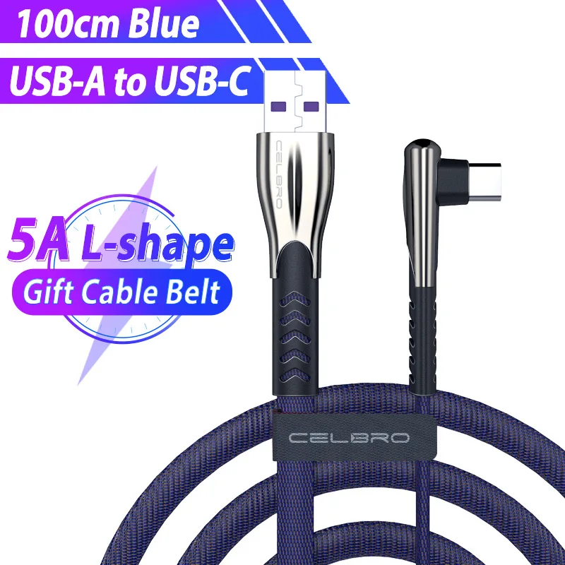 Кабель type C 5A USB C кабель QC 3,0 4,0 кабель синхронизации данных для huawei P30 Pro Lite mate 30 Pro Honor V30 супер быстрая зарядка USB-C - Цвет: Blue L Shape
