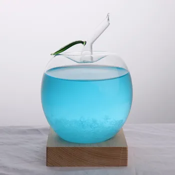 

Creative Storm Glass Weather Predictor Apple-Shaped Storm Glass Bottles Barometer with Wood Base Desktop Decoration Crafts