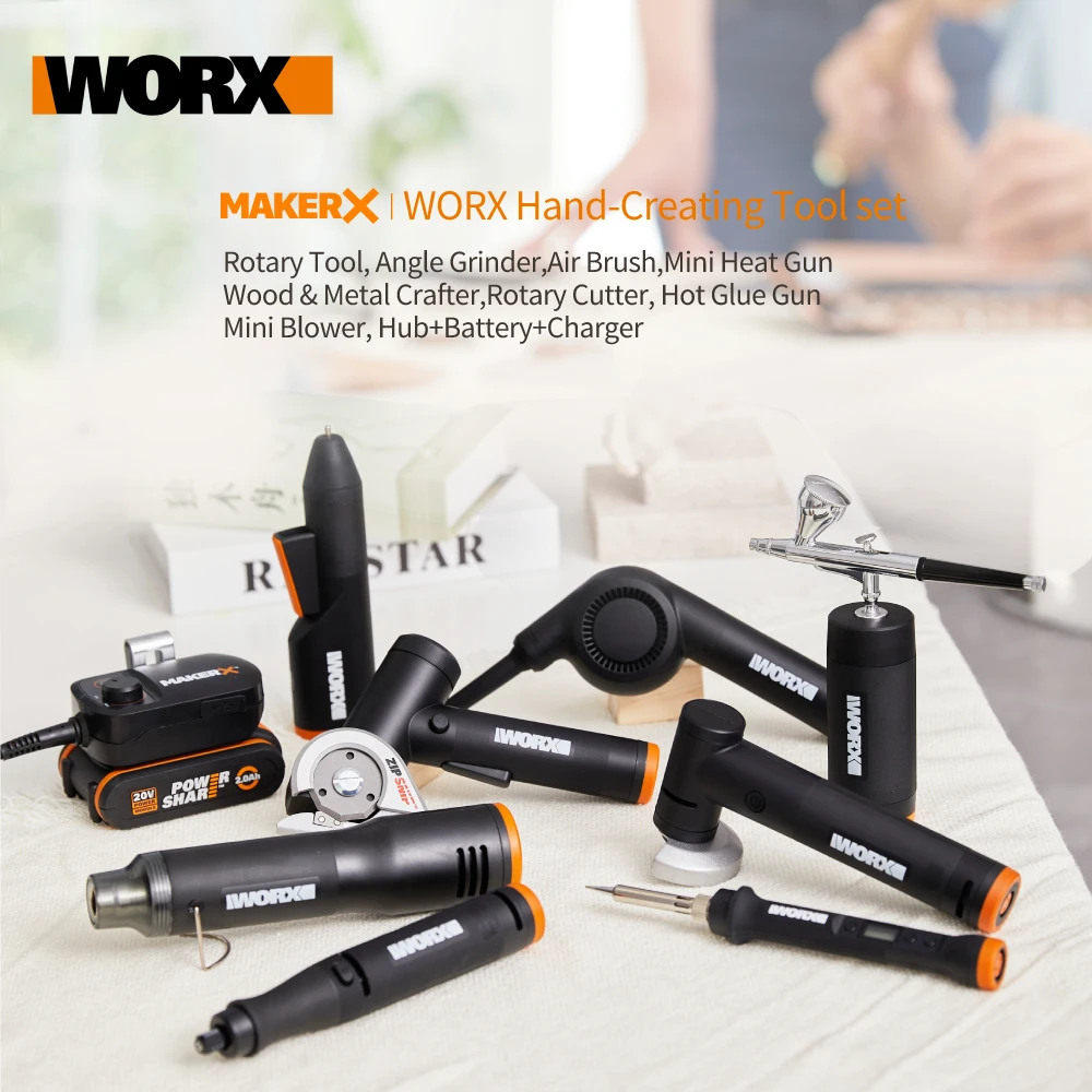Worx 20V MakerX Tool Set Rotary Tool Angle Grinder Air Brush Heat Gun Wood  &Metal Crafter Rotary Cutter Hot Glue Gun Mini Blower