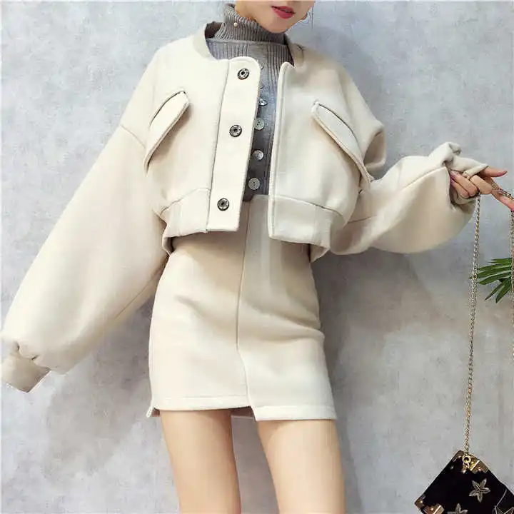 Autumn Winter Designer Suit Set Women's Woolen Baseball Loose Coats Short Tops And Slim Mini Skirt Suits Set NS969