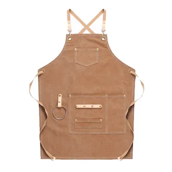 

Khaki Canvas Apron Bib Leather Chef Kitchen Apron for Women Men Barista Bartender Pockets Home Barber Cook Coffee Restaurant