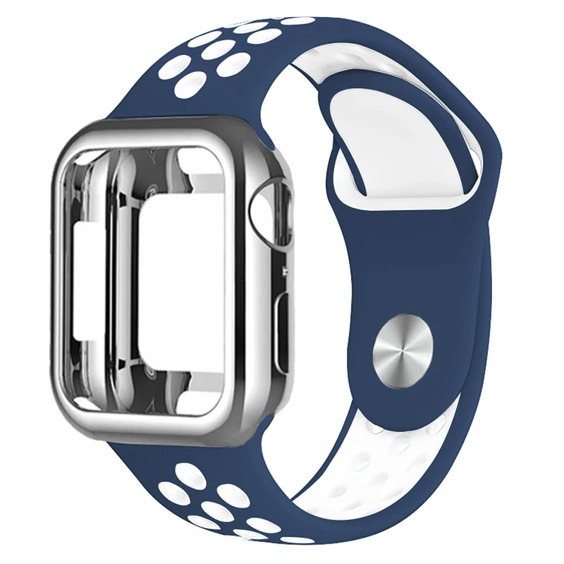 Силиконовый спортивный ремешок для часов+ чехол относится к apple watch 5 4 3 2 1 серии 38 мм/42 мм, ремешок для наручных часов iwatch, 40 мм 44 браслет наручные аксессуары - Цвет ремешка: Dark blue with white