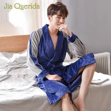 Модный халат для мужчин, теплый фланелевый мягкий зимний Карманный темно-синий цвет, большие размеры, длинный рукав, Воротник под горло, мужской банный Халат