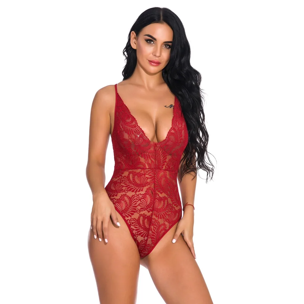 New Fashion Women Bodysuits Solid Sheer Lace V-Neck Ladies Teddy Lingerie Jumpsuit Blackless Bodysuit Lady Sleepwear Body Renda
