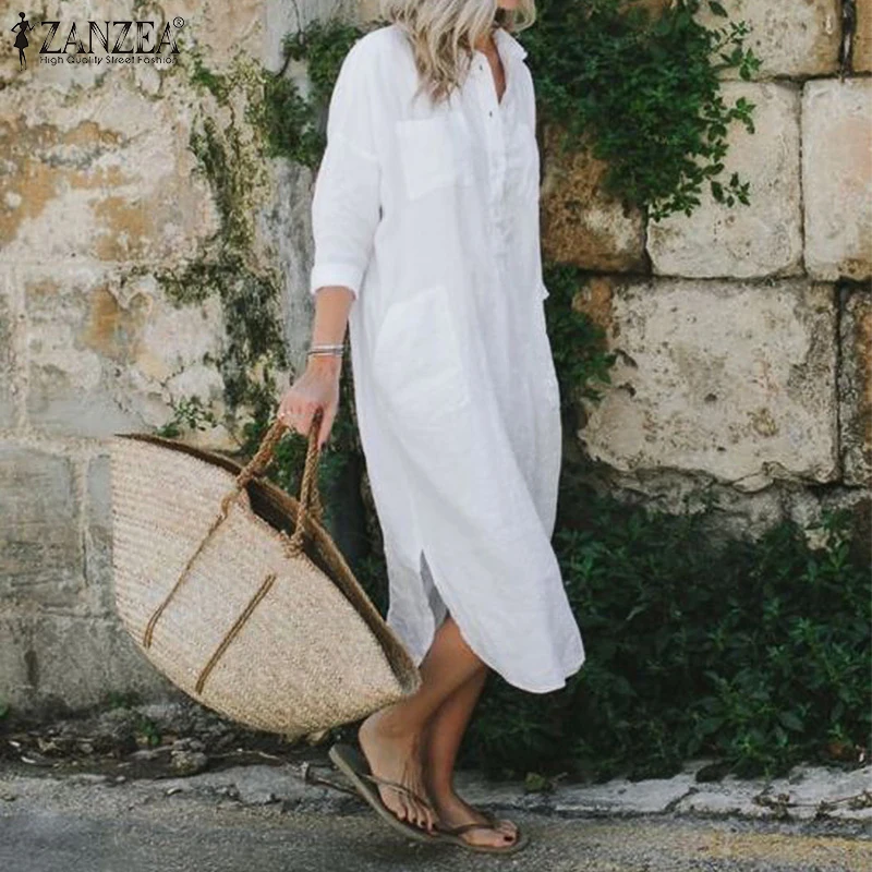 Goedkoop 2019 Zanzea Elegante Midi Shirt Jurk Vrouwen Zomer Zonnejurk Vintage Knop Dunne Vestidos Vrouwelijke Lange Mouwen Split Revers Gewaad
