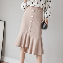 Новинка, осенняя Женская юбка с оборками, высокая талия, тонкая, нерегулярная, посылка, бедра, длинный хвост, юбки, синий, черный, абрикосовый, 6176