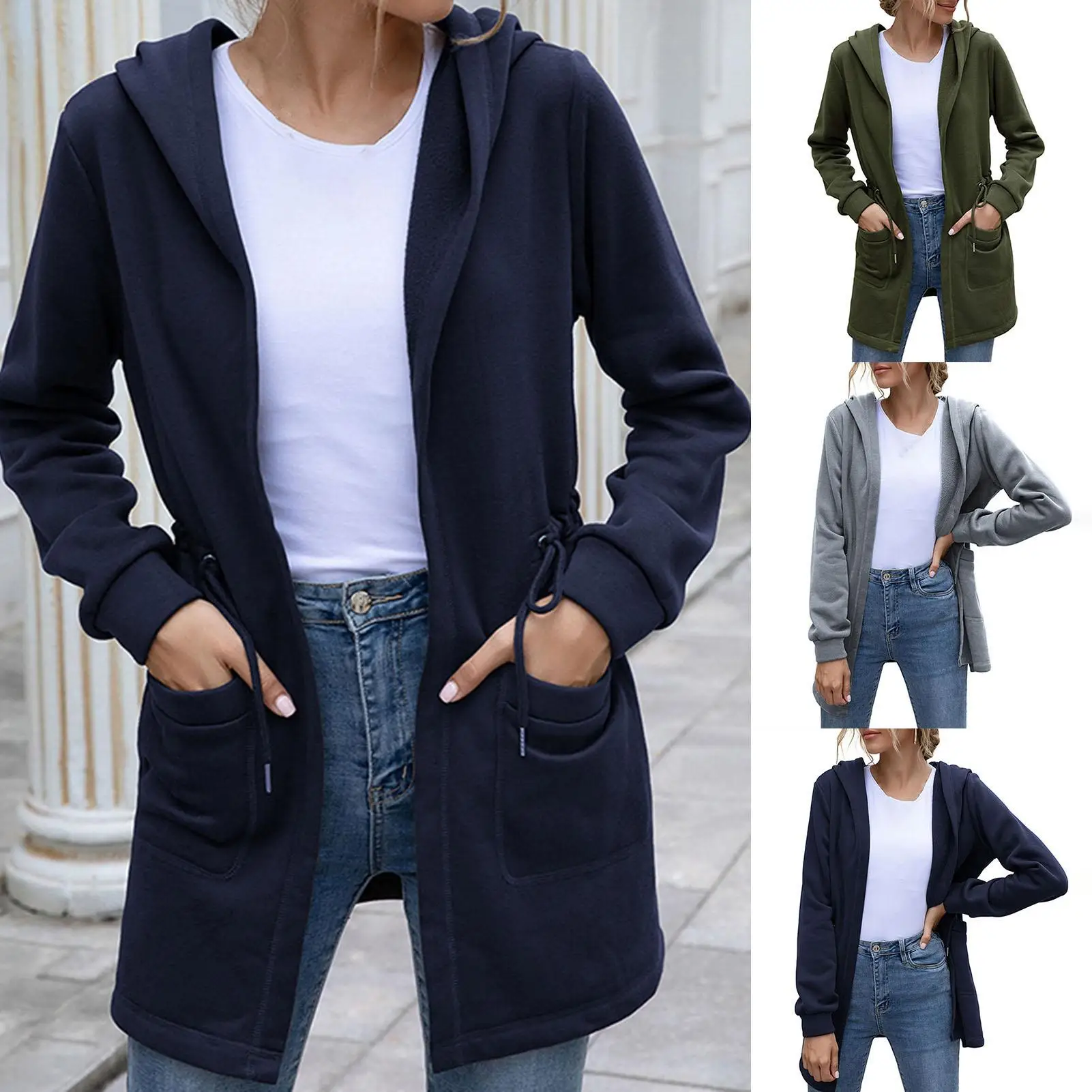 

Women Autumn Winter Waist Drawstring Hooded Coat Open Front Mid-length Cardigan