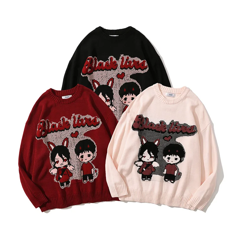 Angel Women Black Lived Couples Harajuku Knitting Knitwear Men Oversized Japanese Anime Cartoon Knitted Unisex Sweater Tops 3