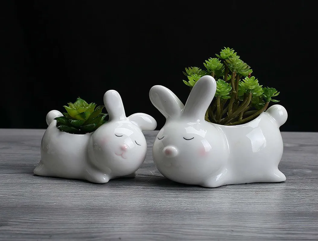 Set of 2 pieces Bunny shaped ceramic flowerpot Mini Rabbit porcelain flower plant pot for Desktop Home Garden decoration