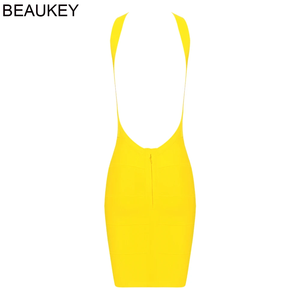 BEAUKEY желтый сексуальными тоненькими лямками Бандажное платье дешевые мини с