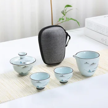 

Hand-painted tea set with Travel Bag Chinese KungFu Teaset gaiwan teapot teacups fair mug tea sets travel tea set drinkware