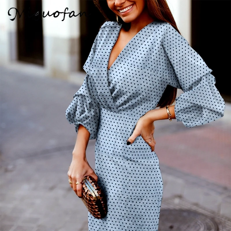 

Miguofan women dress Elegant polka dot print dresses Sexy v-neck lantern sleeve female party dress Autumn bodycon vintage dress