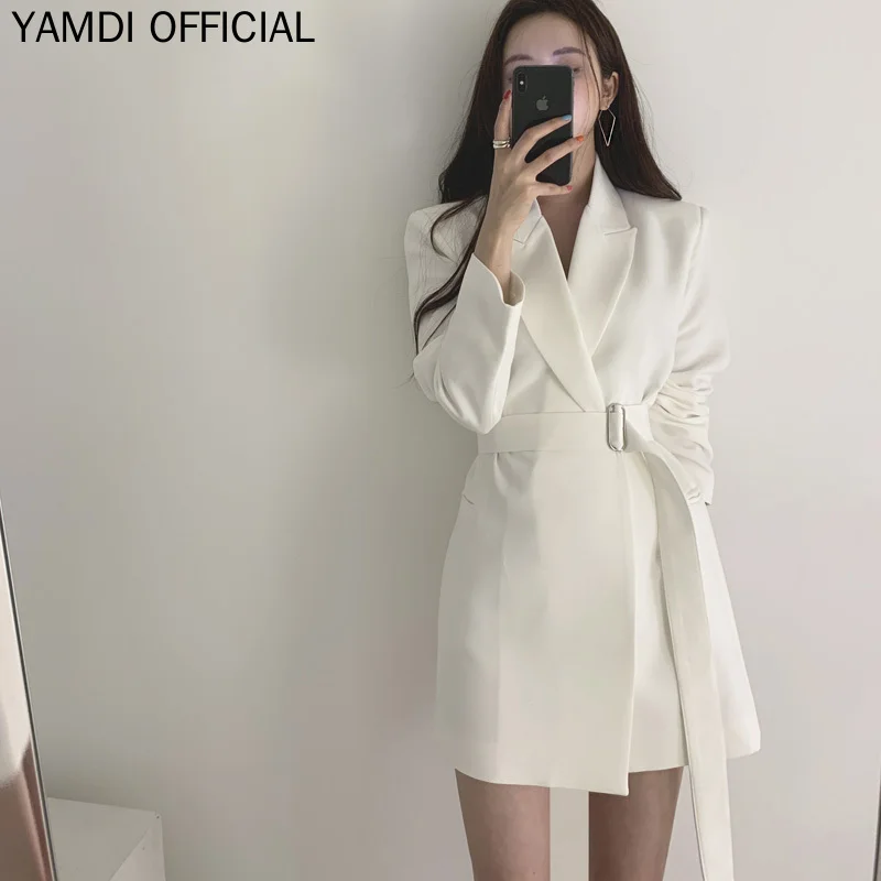 

YAMDI women blazer dress vintage autumn winter solid white black notch neck long blazer coat female 2019 office lady work suit