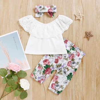 

Summer Hot Baby Infant Toddler Girls Fashion 2 Piece Suit Word Shoulder Lace Leaf Lace White Top + Floral Trousers