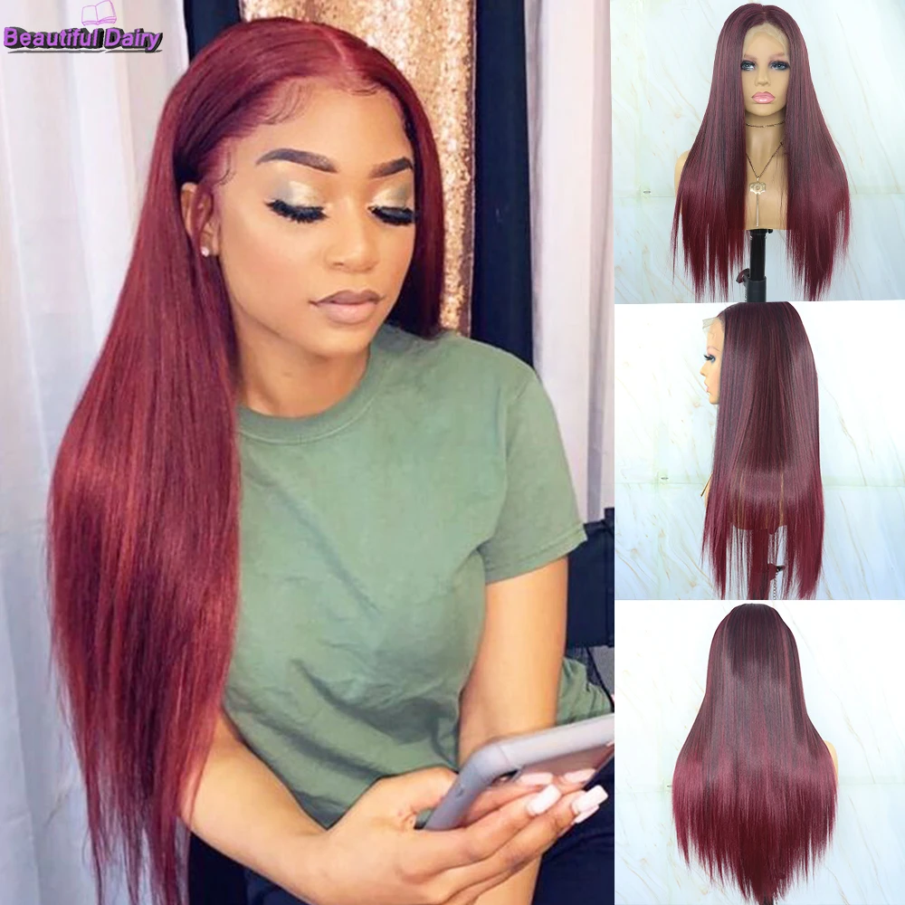 

Beautiful Diary Long Silky Straight Wigs 1B/39 Purple Colored Highlights Wigs13x4 Synthetic Hair Lace Front Wigs For Women