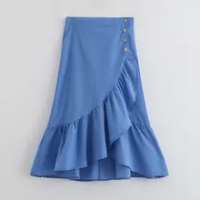 Женская офисная одежда оборки синие миди пуговицы для юбки летающие Женские повседневные Летние Стильные однотонные шикарные юбки до середины икры