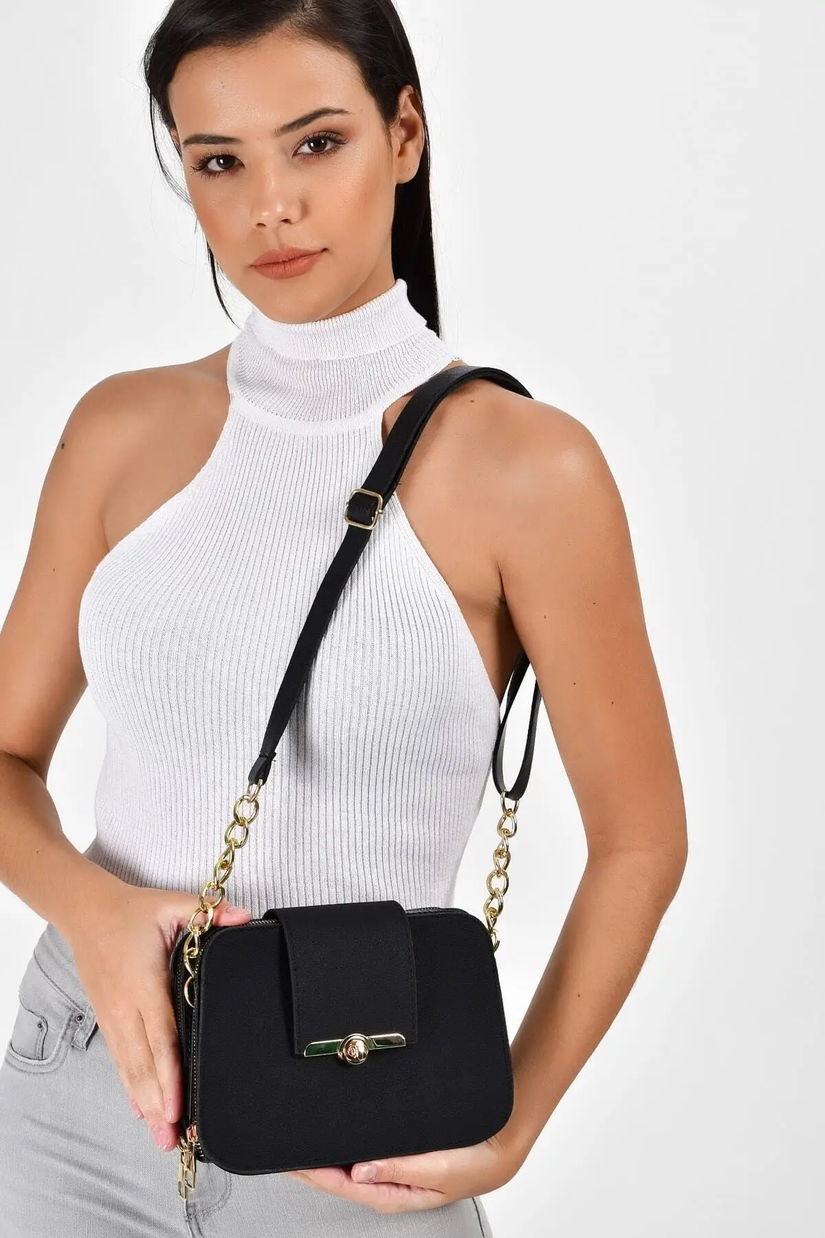 Women Black Semi Chain Strap Lock Detailed Shoulder Bag 16x23 Cm Handbag Faux Leather Card Compartments