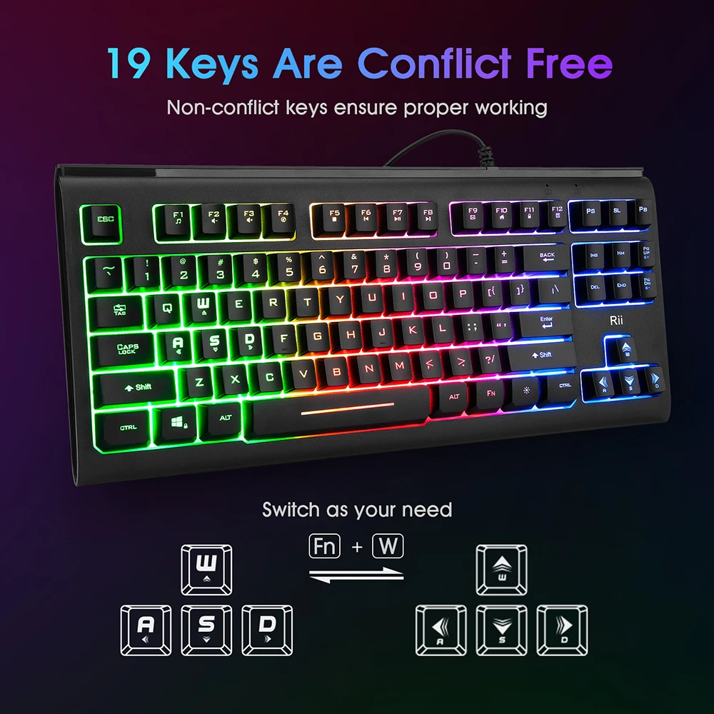 Rii RK104 игровая клавиатура RGB подсветка USB Проводная Механическая Feel игровая клавиатура для настольного компьютера маленький компактный 87 клавиш