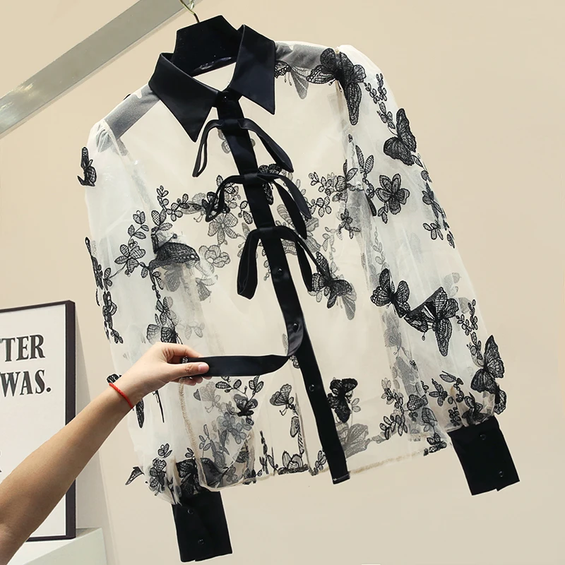 

Transparent Embroidered Bow Mesh Shirt Women's 2020 Spring Summer New Sexy Holiday Blouse Women Roupas Feminina Blouses Woman