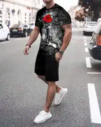 Costume deux pièces surdimensionné pour hommes, rétro Harajuku 3D Digital T Shirt à manches courtes et Shorts pour jeunes, vêtements de plage à la mode 