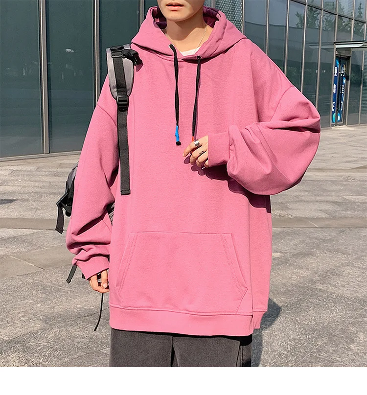 Hong Kong autumn students wear large size loose sweater 2021 new fashion brand men's clothing youth solid color hooded sweater sweatshirt