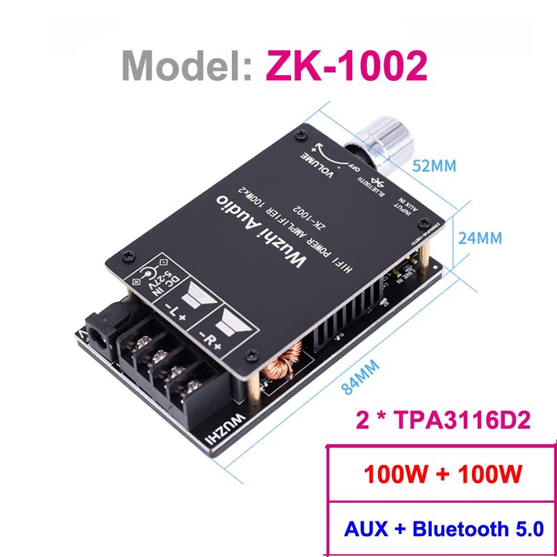2*100W TPA3116D2 Audio Power Amplifier Bluetooth 5.0 Stereo Subwoofer HiFi Class D Digital TPA3116 Home Theater AUX Music AMP 