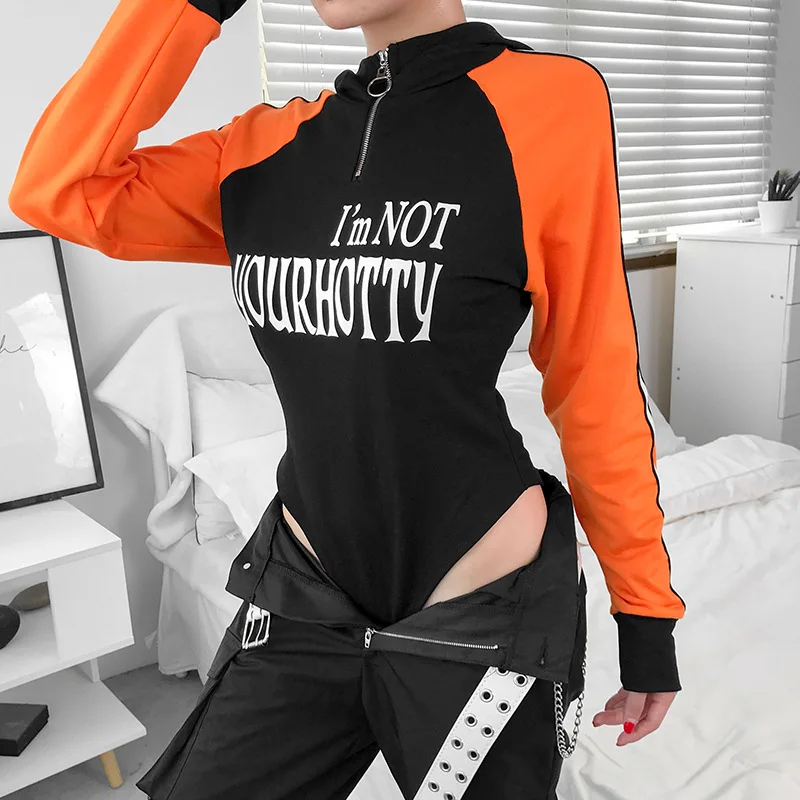 Bangniweigou/Модный комбинезон с капюшоном и буквенным принтом; сезон осень-зима; оранжевый комбинезон с длинными рукавами; Цвет Черный; Mujer