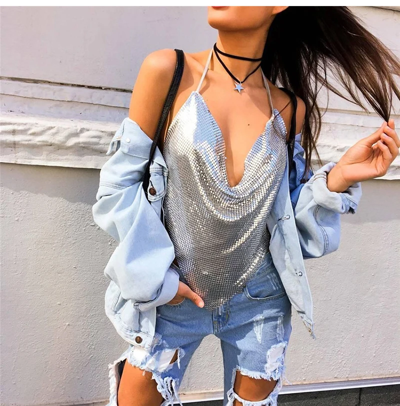Женский сексуальный укороченный топ с открытой спиной, майка с блестками Moda Mujer, лето, v-образный вырез, цепь, вечерние, для клуба, уличная одежда, женская одежда