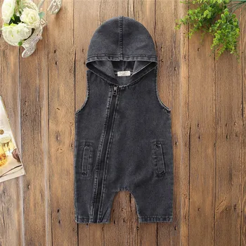 

Toddler Kids Hooded Jumpsuit Kids Baby Boys Sleeveless Oblique Zipper Denim Jumpsuit Children Boys Solid Casual Romper #BL2