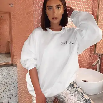 

Winter White Loose Long Hoodies O-Neck Women Embroidery Letter Lantern Sleeve Sweatshirts Casual Solid Oversized Pullovers