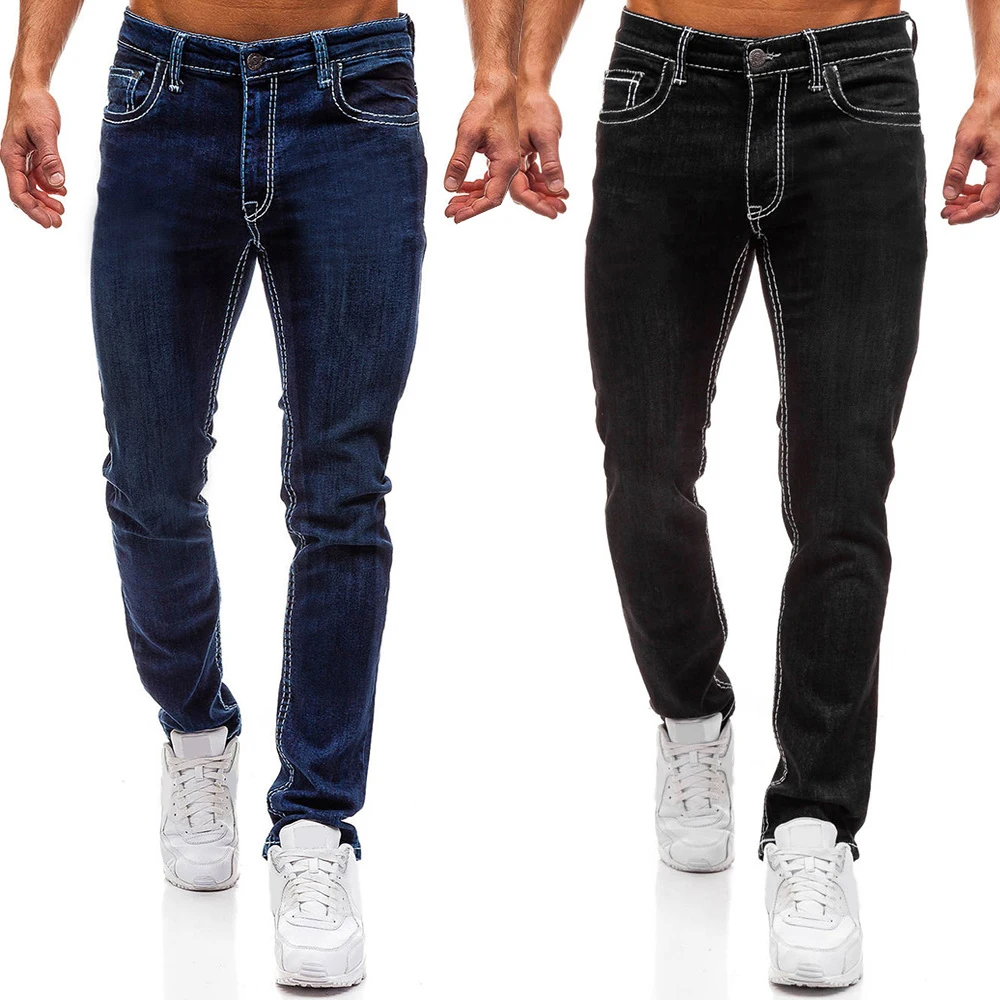 

Basic Jeans Men Full Length Regular Dark Blue Black Denim Trousers Casual Mens Jeans homme Streetwear Male Straight Pants D30